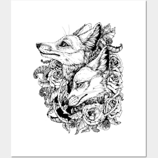 Fox Bloom - Black and White Sticker Posters and Art